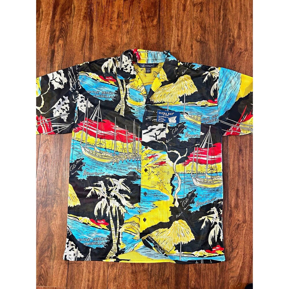 Ultra Bay KBB Hawaiian Shirt Mens L NWT Mesh Tropical Sailboat Hawaii Aloha